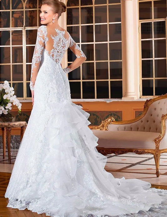 Sheer Neck Illusion Vestidos De Novia 2020 Lace Appliques Long Sleeve Mermaid Wedding Dress Brazil Mariage Wedding Gowns