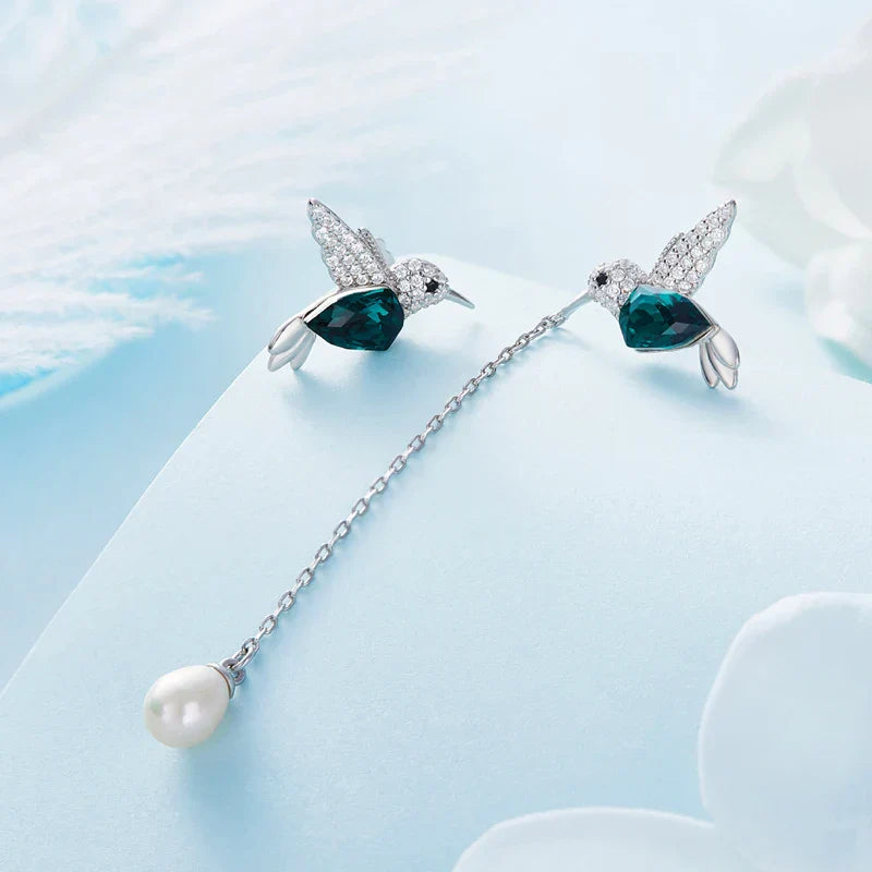 S925 Sterling Silver Hummingbird Freshwater Pearl Earrings Green Austrian Crystals Cute Animal Jewelry Gifts for Women Girls