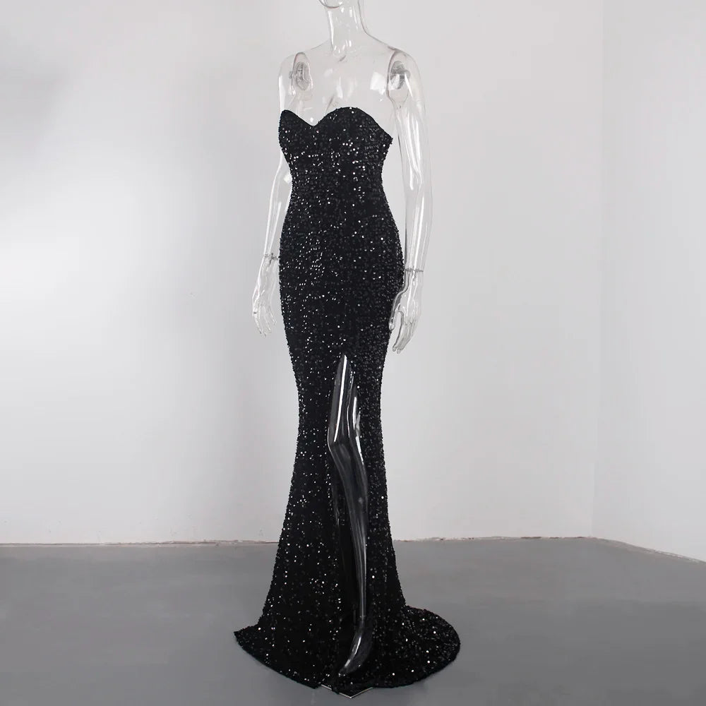Red Sequin Strapless Cocktail Prom Dresses Stretch Velvet Sexy Slit Leg Paded Backless Mermaid Formal Evening Dress 2025