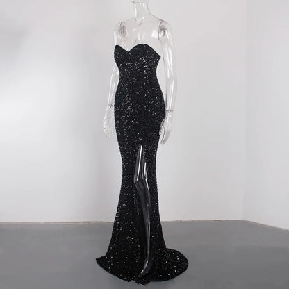 Red Sequin Strapless Cocktail Prom Dresses Stretch Velvet Sexy Slit Leg Paded Backless Mermaid Formal Evening Dress 2025