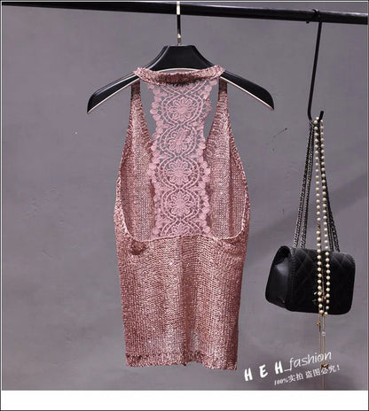 Yan Li  Sexy Shoulders and Heart Leakage Hang Sequined Jacket Neck Lace Knitting Wear Outside Hang Back  Sleeveless Top Women