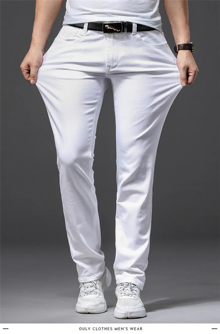 Men White Jeans Fashion Casual Classic Style Slim Fit Soft Trousers Male Advanced Stretch Pants