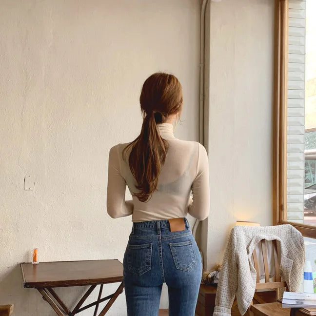 Slim High Quality Plain T Shirt Women Cotton Elastic Basic Female Tops Long Sleeve Sexy Thin T-shirt see through 2026