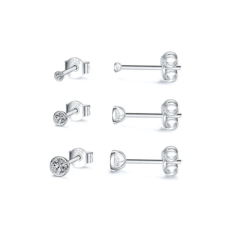 3pcs/set Bling Zircon Earring 925 Sterling Silver Cute Mini Heart Star Stud Earrings Ear Bone Earlobe Piercing Jewerly