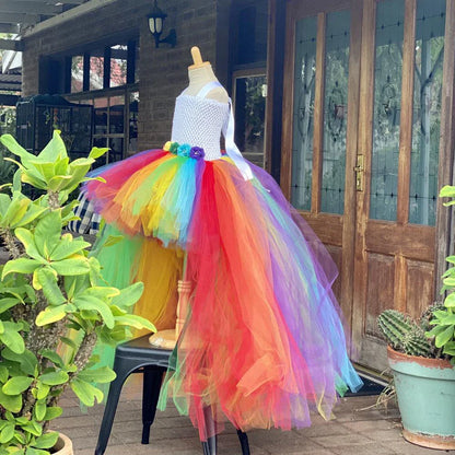 Baby Girls Rainbow Color Trailing Tutu Dress Kids Crochet Flower Tulle Dress Ball Gown Children Evening Party Costume Dresses