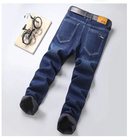 Winter New Men's Warm Blue Black Slim Jeans Classic Style Stretch Slim Fit Thick Pants Fashion Trousers Male Brand