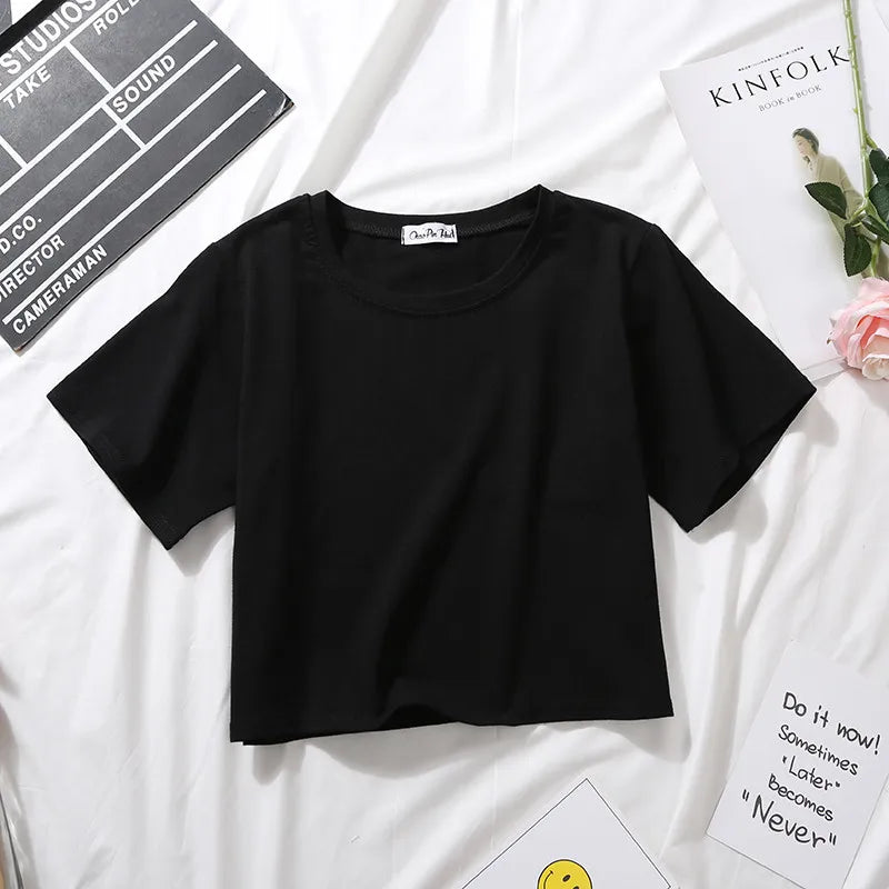 Summer Short Sleeve T Shirts Women  Solid T-shirt O Neck High Waist Crop Top Tee Female Casual Loose T Shirt