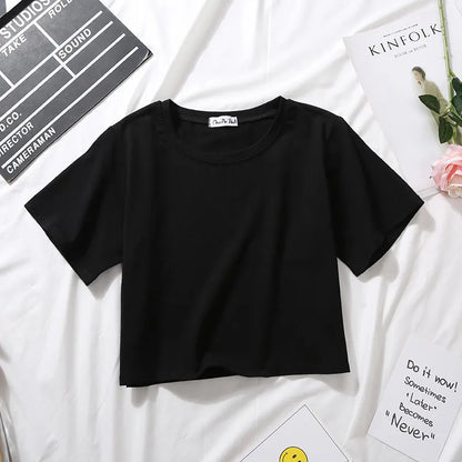 Summer Short Sleeve T Shirts Women  Solid T-shirt O Neck High Waist Crop Top Tee Female Casual Loose T Shirt