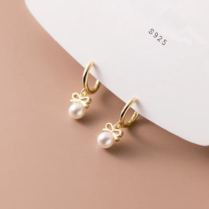 925 Sterling Silver Cute Butterfly Synthetic Pearl Pendant Drop Earrings Fashion Charm Gold Plated Huggies Jewelry Women