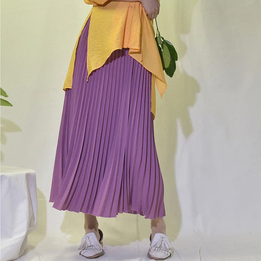 Vintage Pleated Midi Long Skirt For Women Korean Fashion Casual High Waist Chiffon Skirts Jupe Faldas 18 Color Spring Autumn