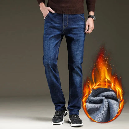 Winter New Men's Warm Blue Black Slim Jeans Classic Style Stretch Slim Fit Thick Pants Fashion Trousers Male Brand