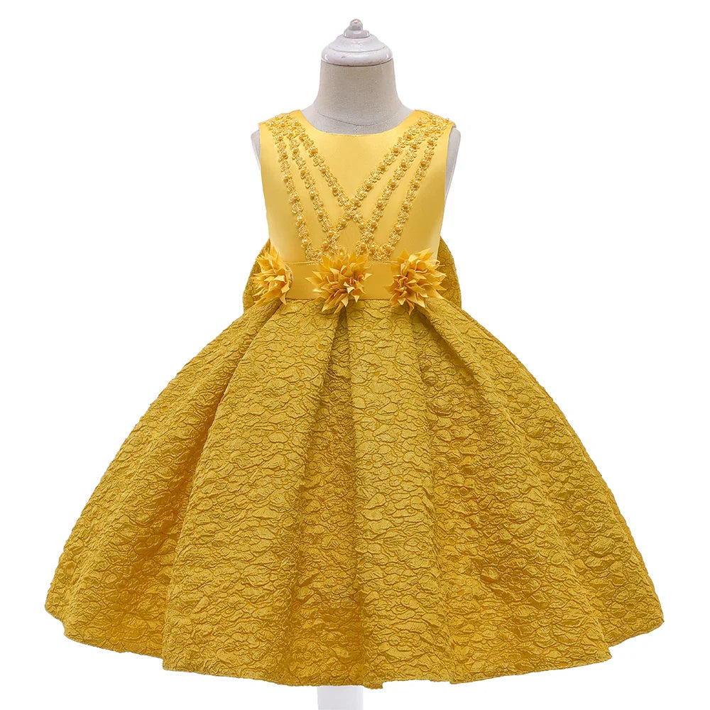 Vestido de festa infantil dourado de verão com laço para meninas Fantasia infantil elegante Flor Casamento Aniversário Vestidos de princesa Roupa de noite para meninas
