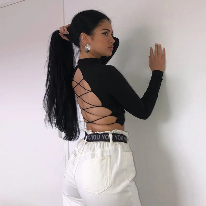 blusa feminina de algodão vazada sexy, tops de manga longa sem costas com atadura, Harajuku, justa, streetwear, camisetas de malha