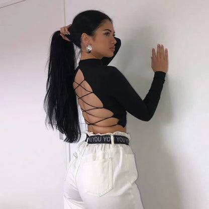 blusa feminina de algodão vazada sexy, tops de manga longa sem costas com atadura, Harajuku, justa, streetwear, camisetas de malha