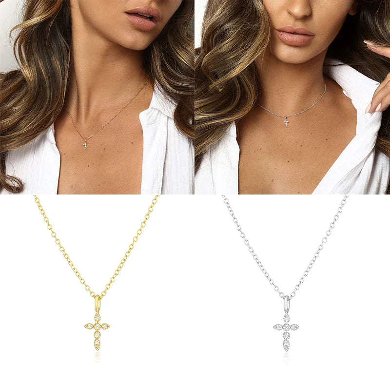 925 Sterling Silver Necklaces Charms for Women Crystal Cross Clavicle Collar Chain Simple Choker Necklace Accessories Gift