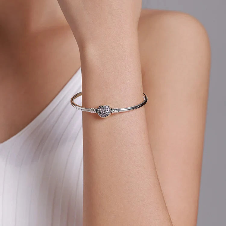 925 Sterling Silver Pink Heart Bangle & Bracelet Pave Setting CZ Snake Chain for Women Pendant Charm Bead DIY Jewelry