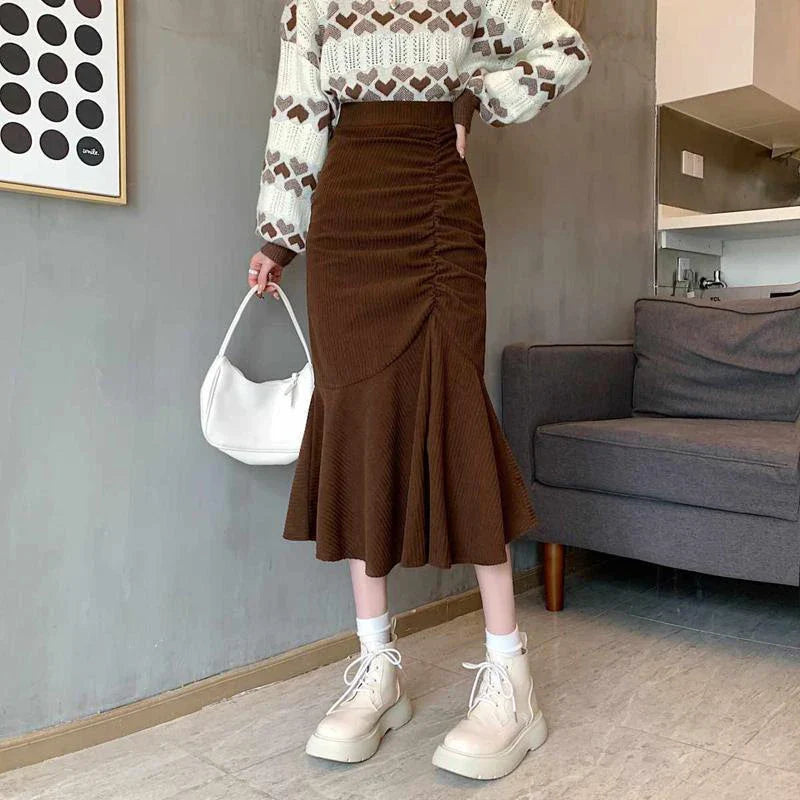 Lucyever Fashion High Waist Midi Skirts for Women 2025 Spring Slim Fit  Hip Mermaid Skirt Woman Korean Ruffles Brown Skirts 2XL