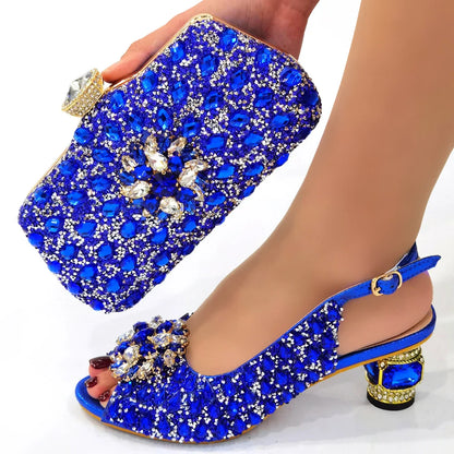 Ladies Italian Leather Shoe and Bag Set Blue Color Italian Shoe with Matching Bag Set 2022 Nigerian Shoes and Bag Set for Party