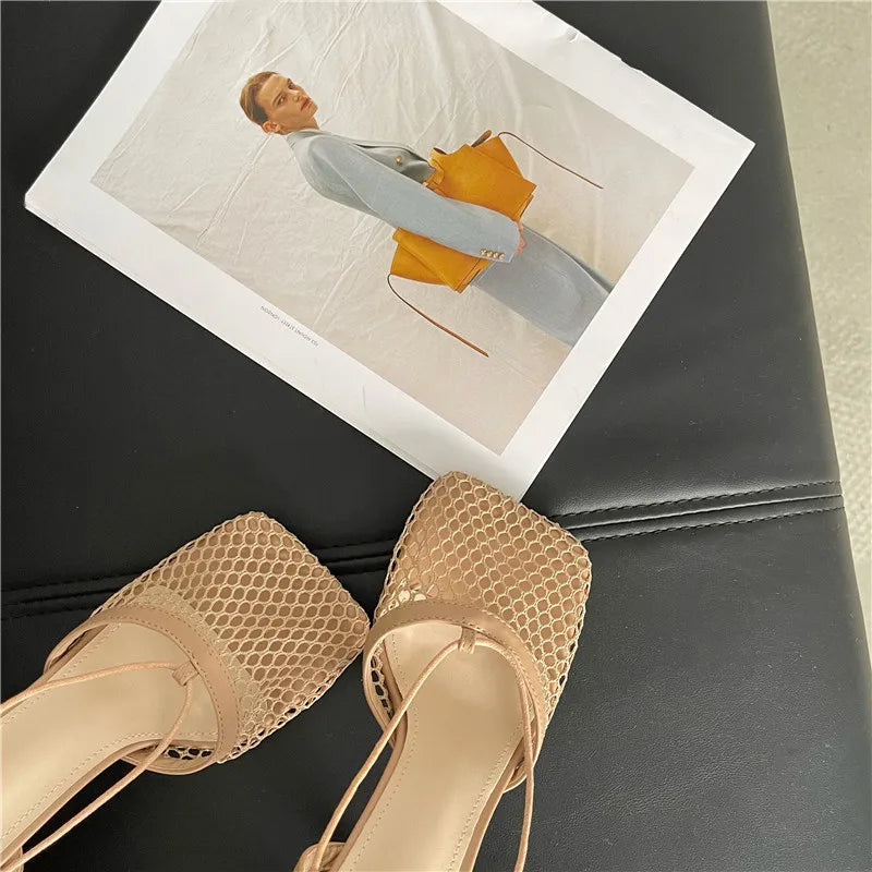 White Hollow Mesh Woman Pumps Sandals Square Toe High Heel Ankle Lace Up Cross-tied Party Dress Female Shoes