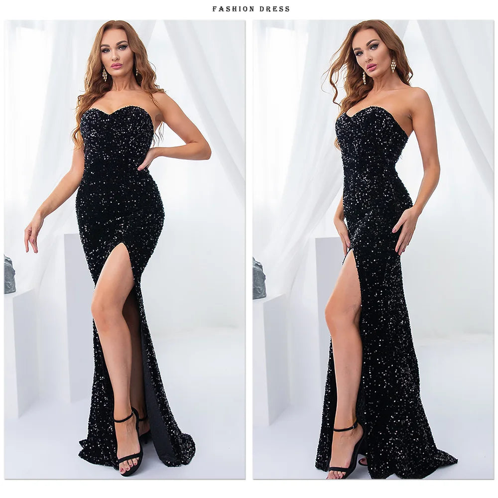 Luxury Sequin Strapless Evening Party Dresses Stretch Velvet Sexy Slit Leg Padded Long Cocktail Prom Dress Wedding Gown