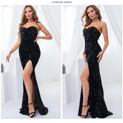 Red Sequin Strapless Cocktail Prom Dresses Stretch Velvet Sexy Slit Leg Paded Backless Mermaid Formal Evening Dress 2025