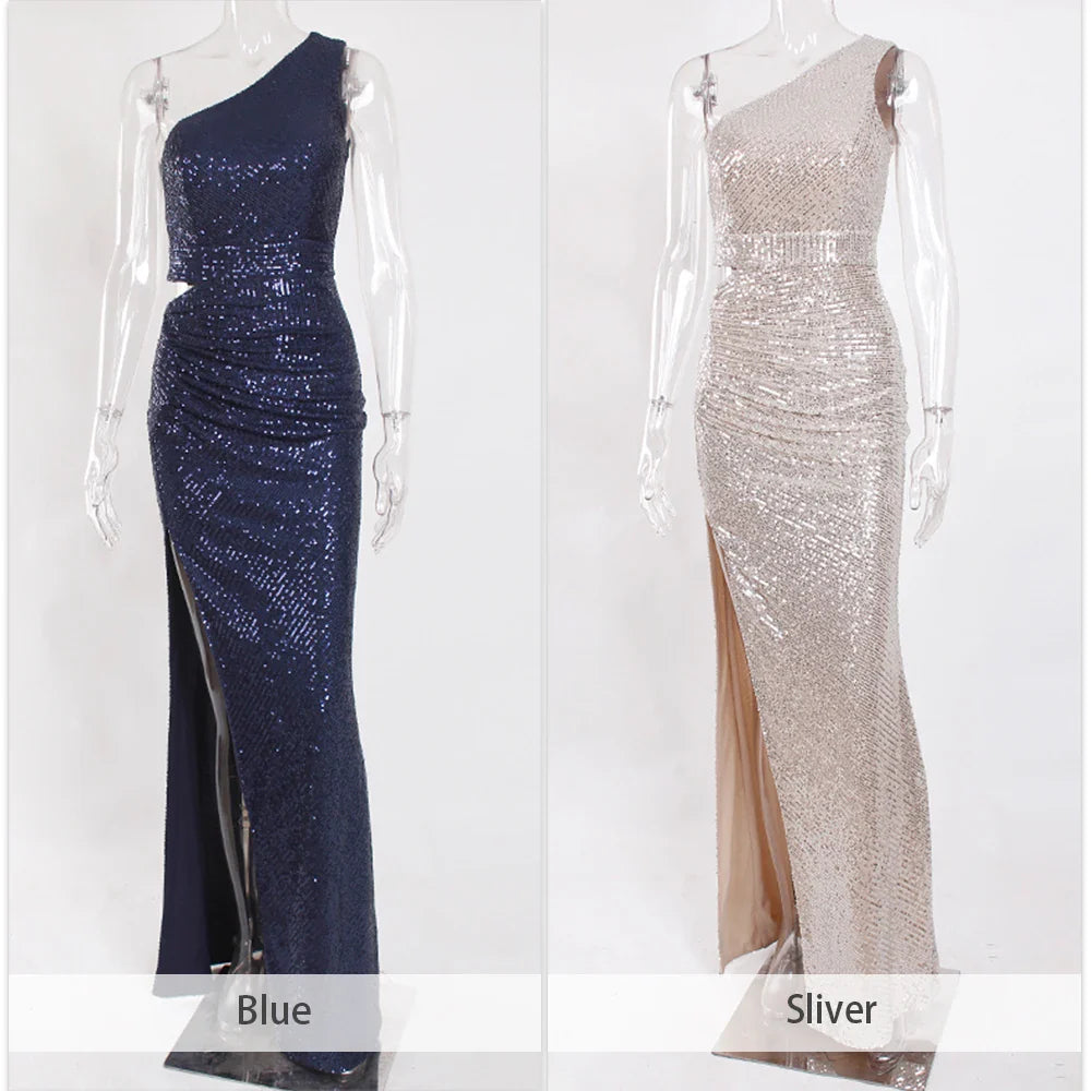 Silver One Shoulder Hollow Out Sequin Cocktail Dress Luxury Pleated Slit Padded Sleeveless Women Party Evening Dresses