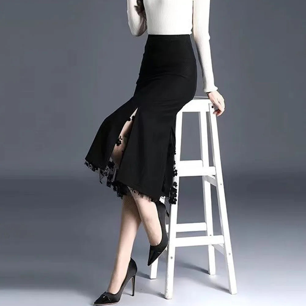 2026 Women Spring Summer Irregular Mesh Skirt Band Splice High Waist Skirt Knee Khaki Split Office Lady Skirt