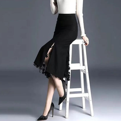 2026 Women Spring Summer Irregular Mesh Skirt Band Splice High Waist Skirt Knee Khaki Split Office Lady Skirt