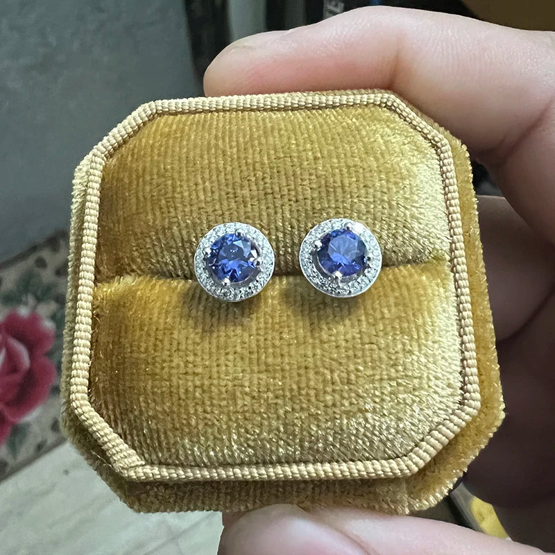 5mm Round Sapphire Halo Earrings for Women 100% 925 Sterling Silver Wedding Stud Earrings Fine Jewelry Plated White Gold Gift