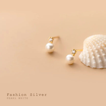 Genuine 925 Sterling Silver Geometric Zircon Pearl Mini Small Stud Earrings for Women Chic Charming Korean Jewelry 2021