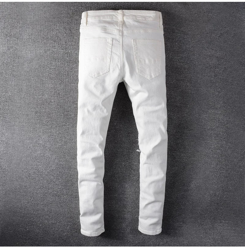 Men's White Crystal Holes Ripped Jeans Fashion Slim Skinny Rhinestone Stretch Denim Pants