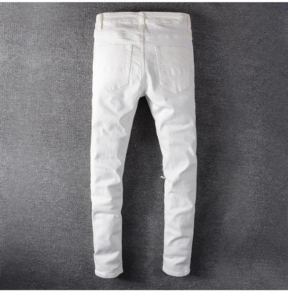 Men's White Crystal Holes Ripped Jeans Fashion Slim Skinny Rhinestone Stretch Denim Pants