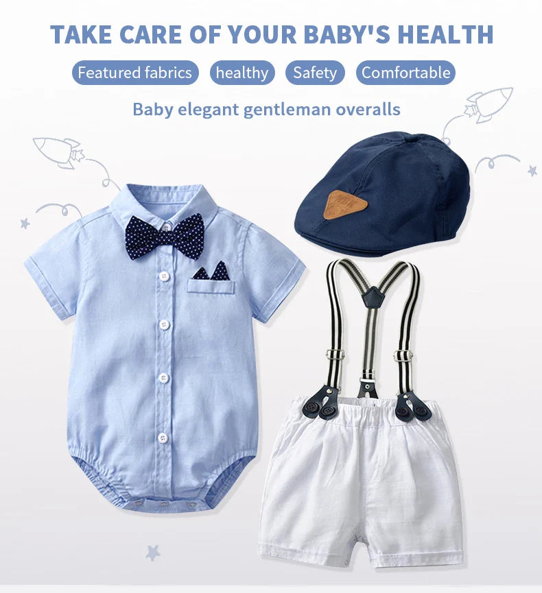 Solid Newborn Baby Boy Outfit Set Bow Formal Gentleman Suit for Toddlers Summer Sky Blue Romper + White Shorts Clothes for Baby