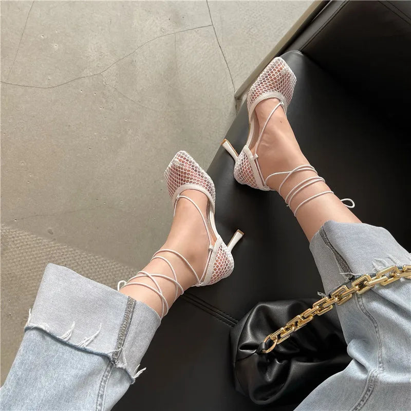 White Hollow Mesh Woman Pumps Sandals Square Toe High Heel Ankle Lace Up Cross-tied Party Dress Female Shoes