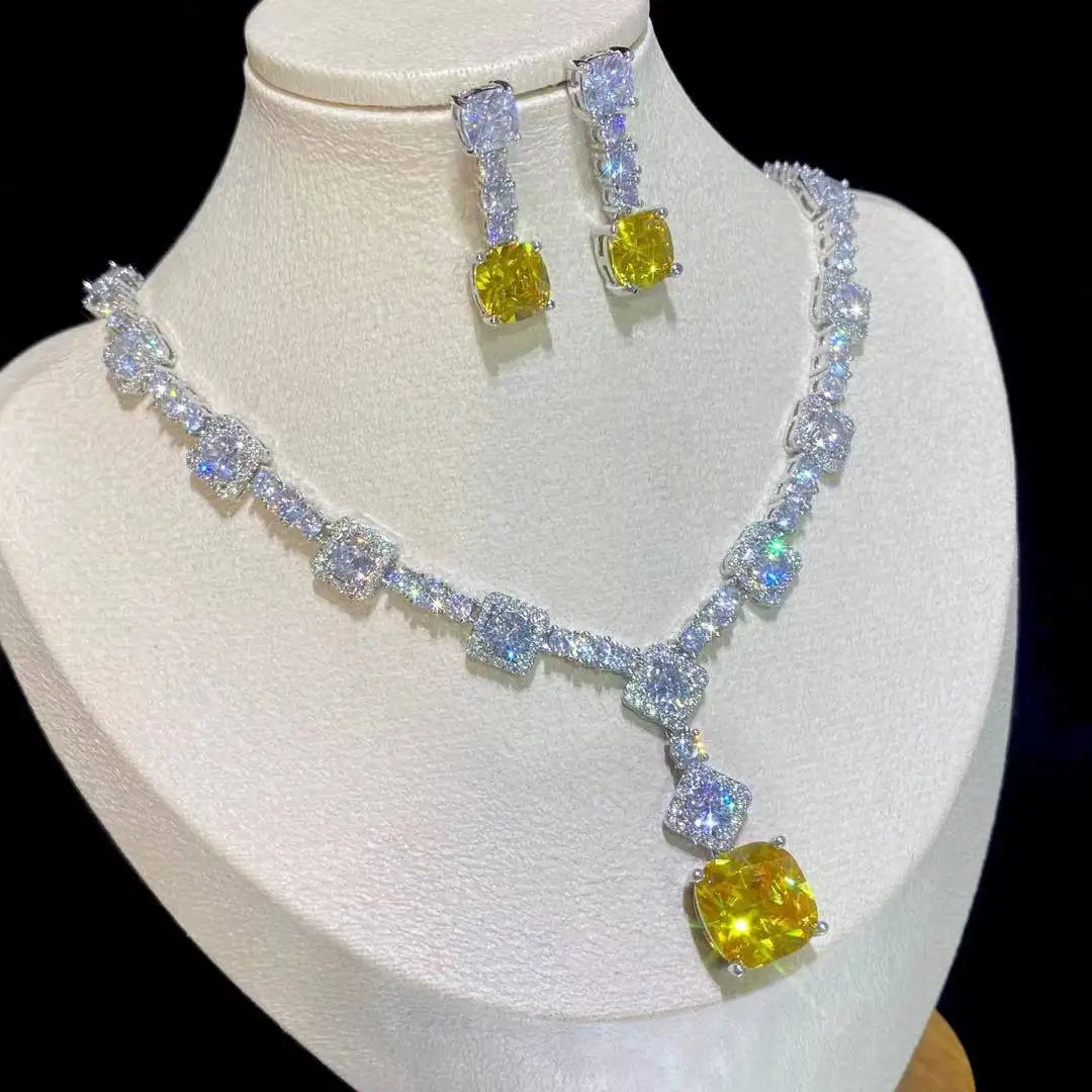 Square Bright Yellow and Green Color Drop Earrings Necklace For Women Jewelry Set  Bridal Wedding Accessories  X0185
