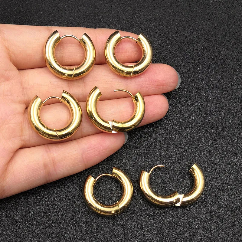 6pcs/lot Thick 3.0mm 4.0mm 5.0mm Stainless Steel Circle Hoop Earrings For Women Girls Gold Silver Color Round Geometry Earrings
