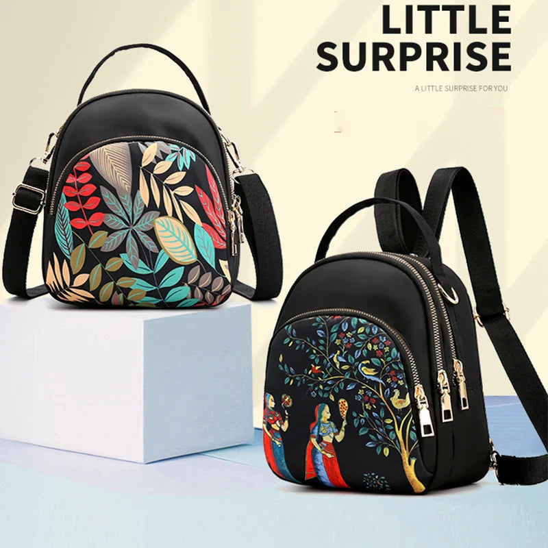Fashion Printing Backpack Women Large Capacity Nylon Rucksack Multilayer Crossbody Bag School Bags Waterproof Travel Knapsack