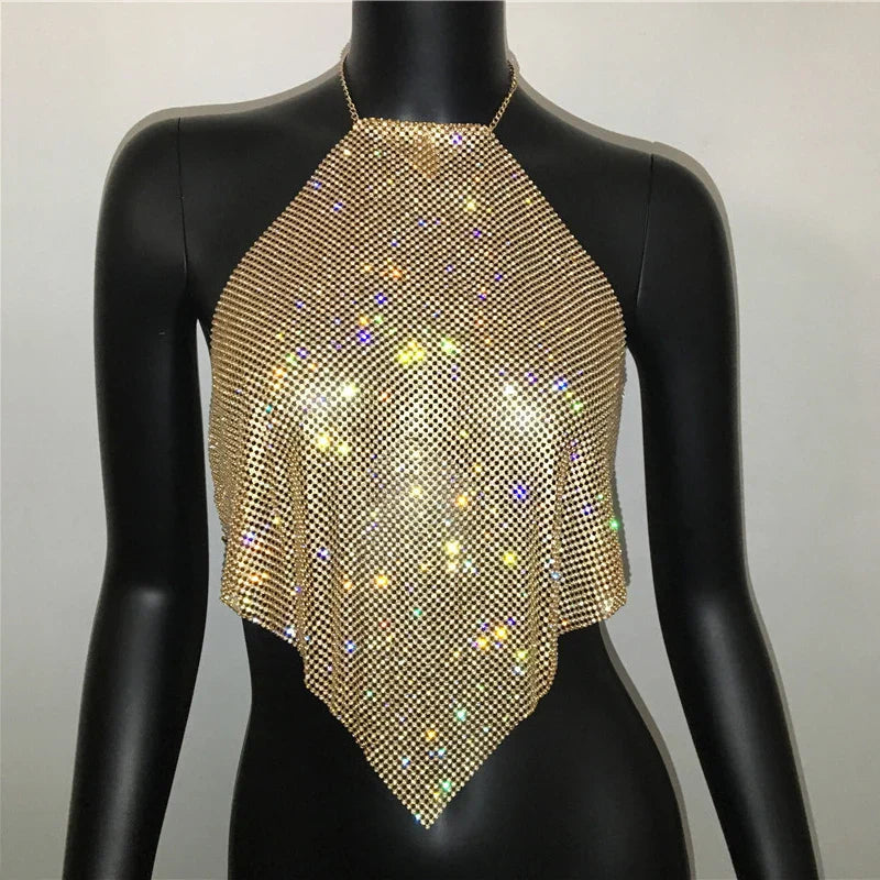 Fashion Summer Backless Tank Top Women Shiny Rhinestone Metal Sequins Halter Neck Camisole Rave Festival Party Crop Tops