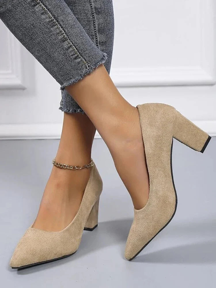 2025 New 7cm Chunky Heels Women Pumps Shoes Students And Mom Beige Suede Wedding Party Leisure Square Heels Plus Size