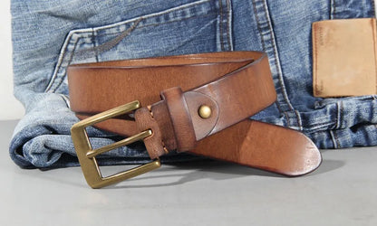 Luxury Handmade Leather Copper Buckle Man's Belt Cinturon Gotico Cowhide Retro All-match Casual Jeans Soft Belt ABC