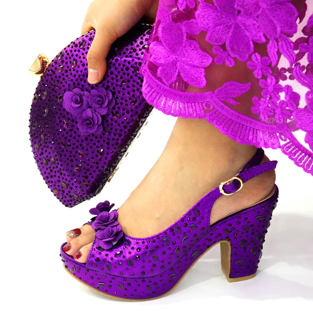 Italian Women Shoes and Bag Set Decorated with Rhinestone In Party African Italian Shoes and Bag Set Party Shoes Bag