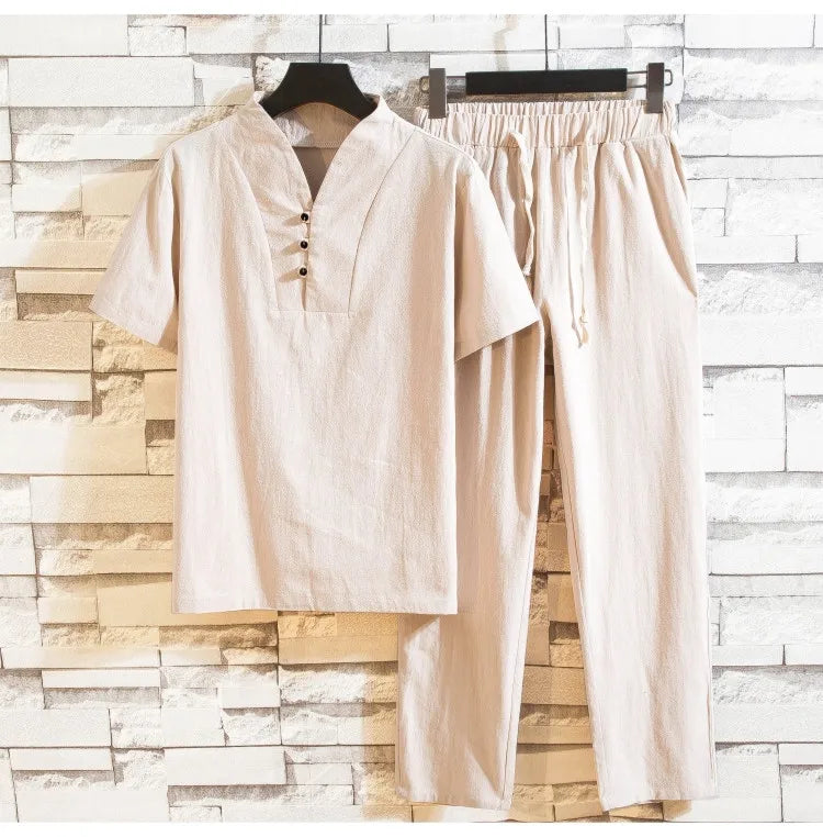 (Shirt + trousers) 2025 summer men shirt Man Cotton and linen shirts Short sleeve men's casual shirts men A set of clothes M-5XL