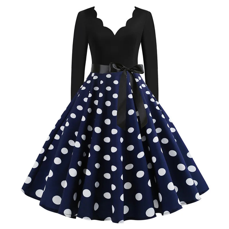 Women Vintage Long Sleeve Polka Dot Dress Spring Autumn New Year Party Dresses 3XL Black Vestidos
