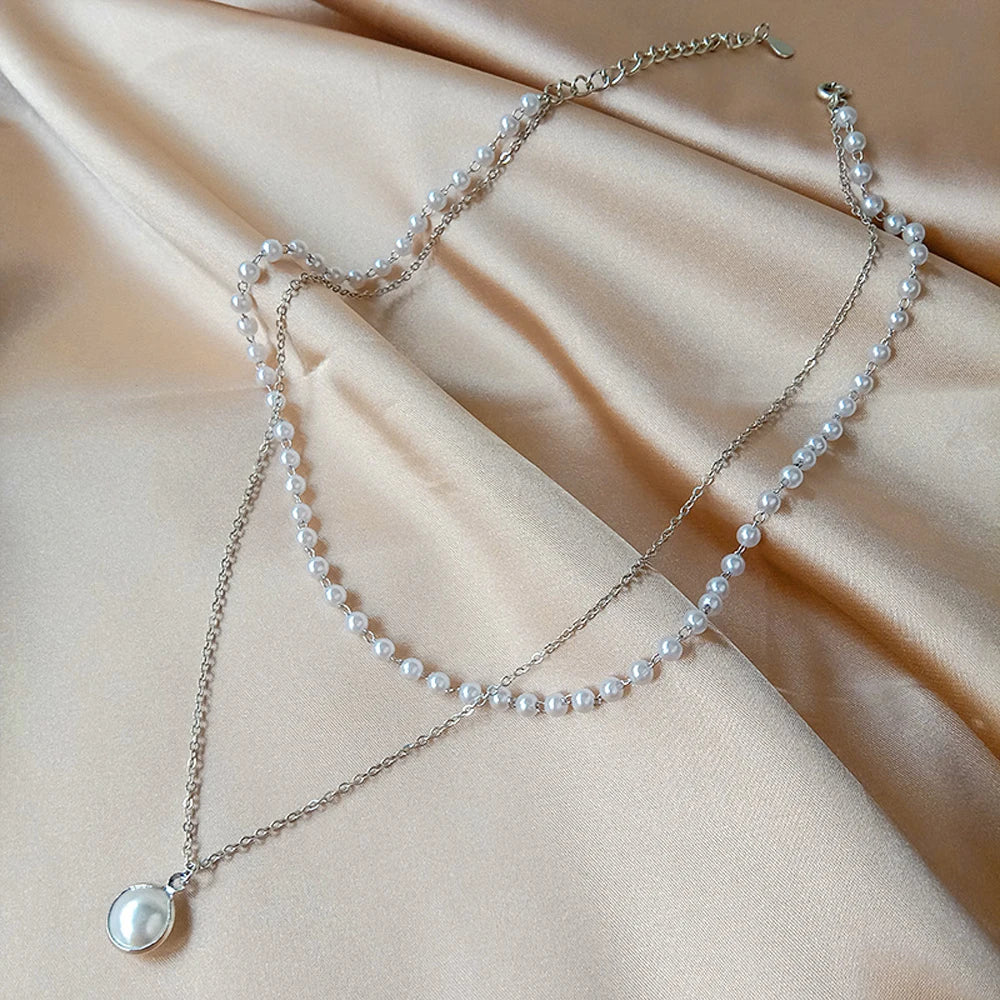 Fashion Kpop Pearl Choker Necklace Cute Double Layer Chain Pendant For Women Jewelry Girl Gift