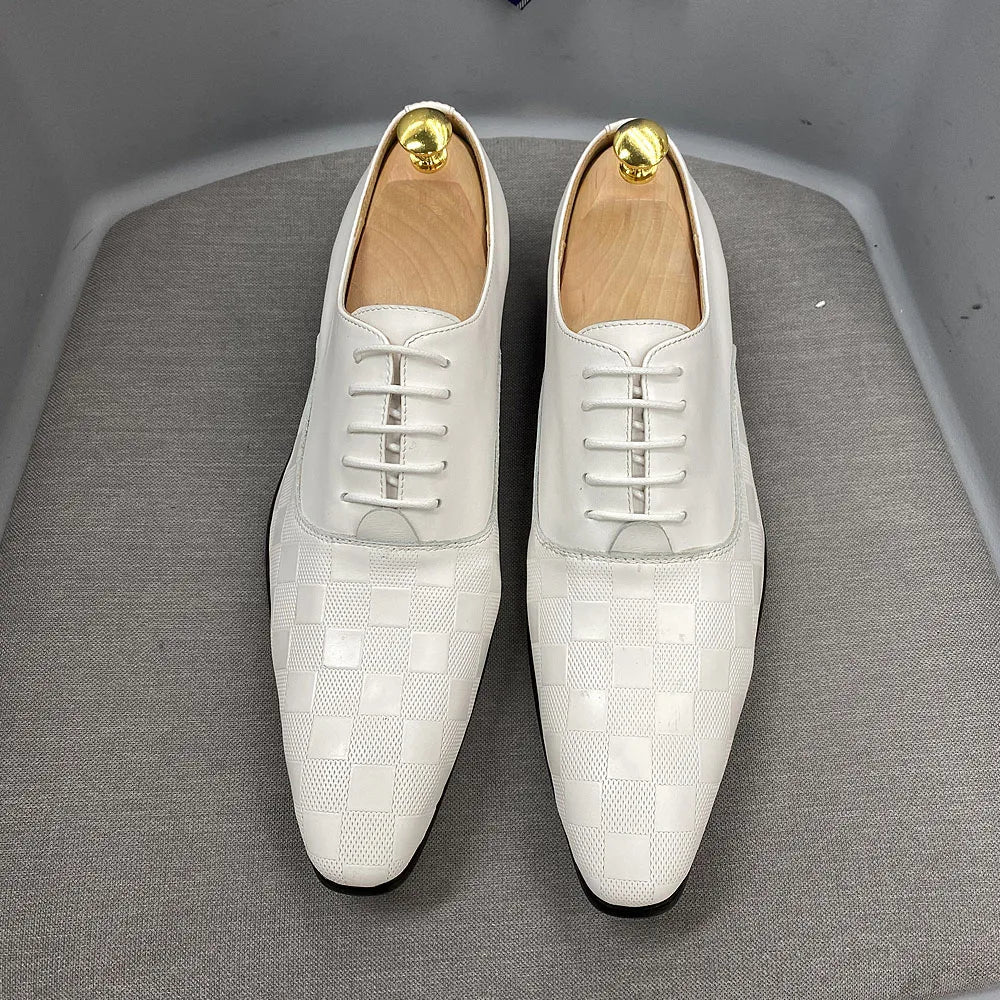 Size 7-12 Classic Italy Mens Oxford Real Leather Shoes White Lace Up Pointed Toe Wedding Party Dress Formal Shoes for Men