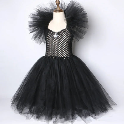 Girls Black Evil Queen Maleficent Tutu Dress Horns Wings Dark Witch Cosplay Carnival Halloween Costume for Kids Fancy Clothes