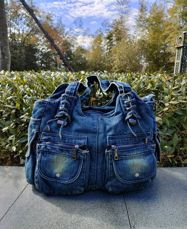 Women's Denim Bag Y2K Vintage Blue Jean Purse and Handbags Crossbody Shoulder Wallet Large Capacity