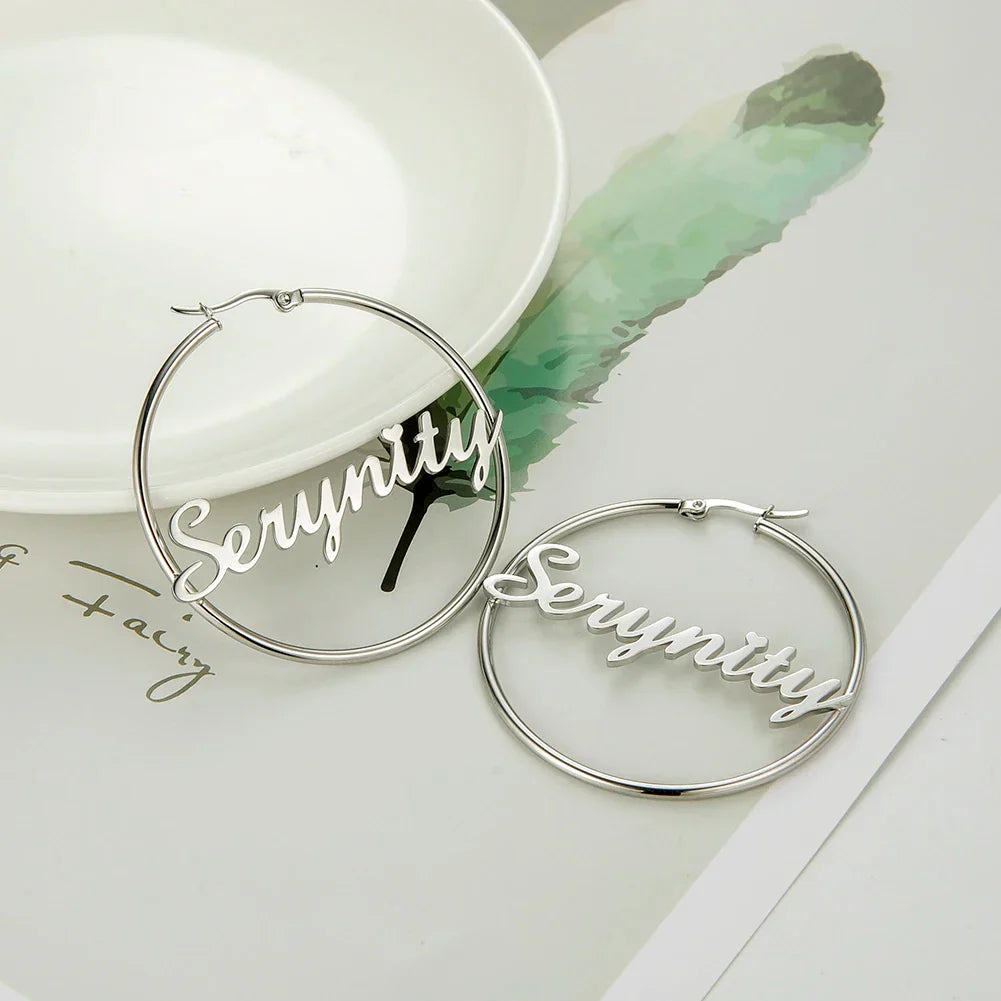 Stainless Steel Personalized Customize Name Hoop Earrings Jewelry For Women Girls Circle Earring Fashion 30-60 MM