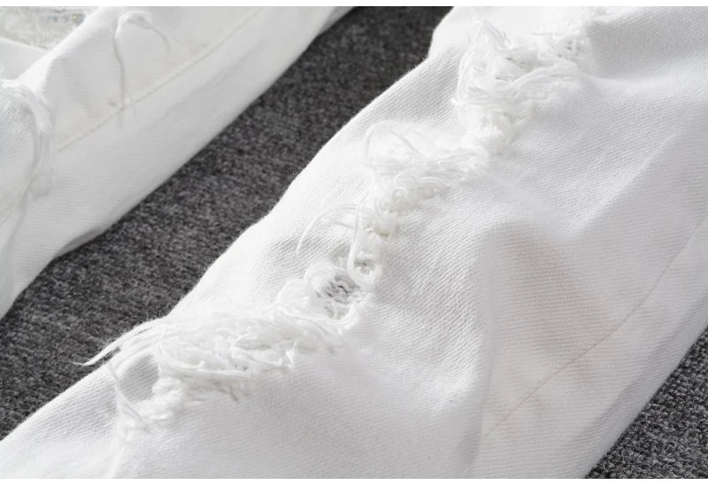 Men's White Crystal Holes Ripped Jeans Fashion Slim Skinny Rhinestone Stretch Denim Pants