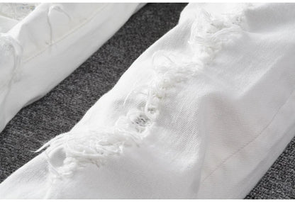 Men's White Crystal Holes Ripped Jeans Fashion Slim Skinny Rhinestone Stretch Denim Pants